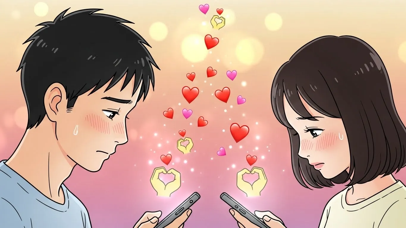 スマートフォンを見つめ合う男女が頬を赤らめながら🫶やハートの絵文字を送り合うアニメイラスト。背景にピンクとオレンジの光が広がり、恋愛的な好意や気持ちの通じ合いを象徴している。