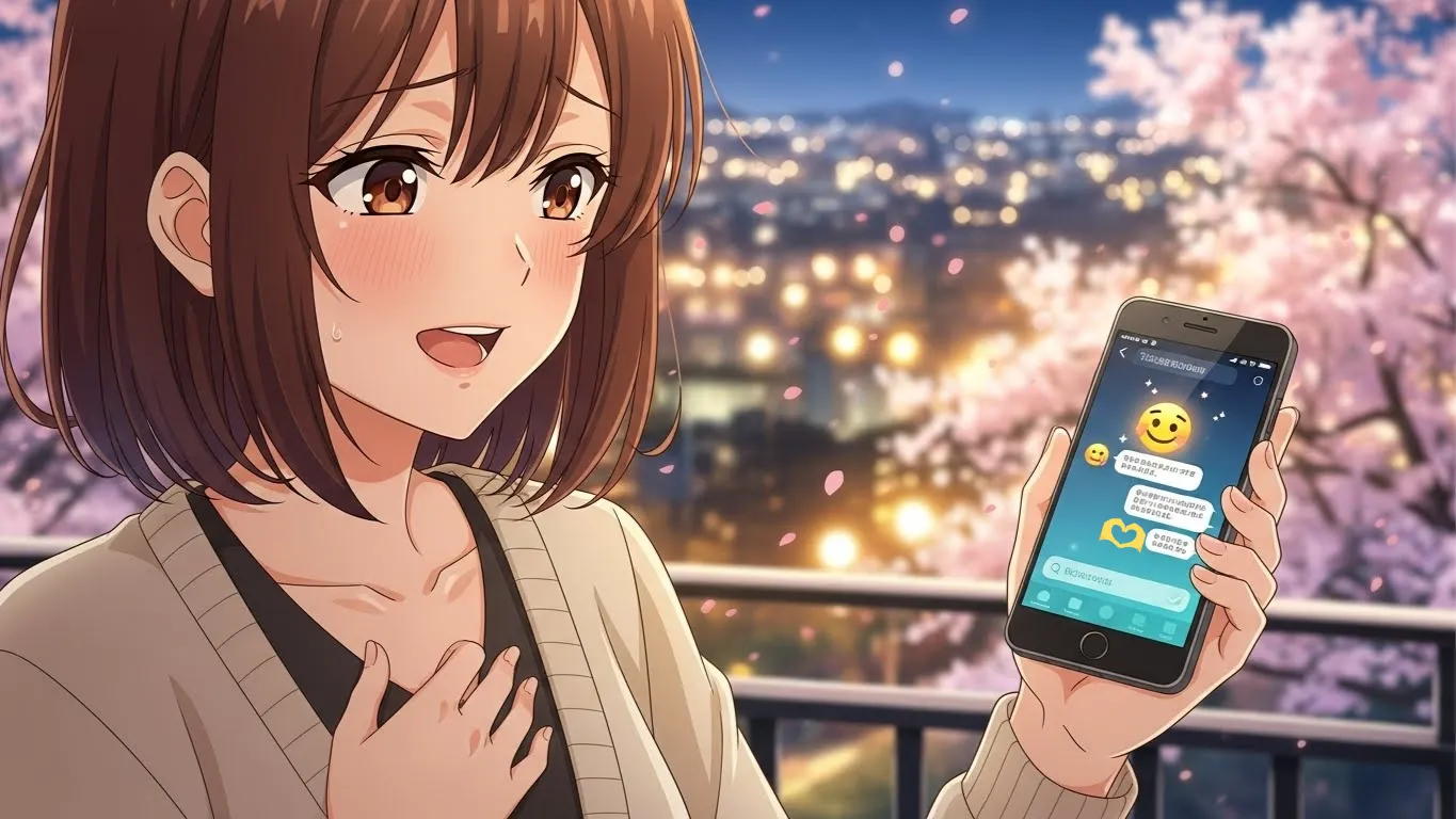 スマートフォンを見つめて微笑む女性のアニメイラスト。好きな人から送られた🫶の手ハート絵文字にときめきを感じている様子。