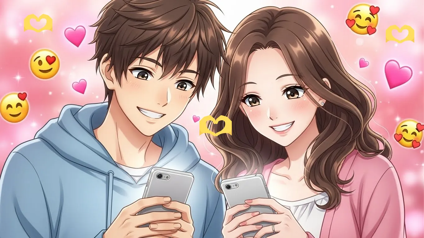 ピンク色の背景に囲まれ、スマホを見ながら微笑む男女のアニメイラスト。🫶絵文字の恋愛的な意味と優しい好意を表現したシーン。