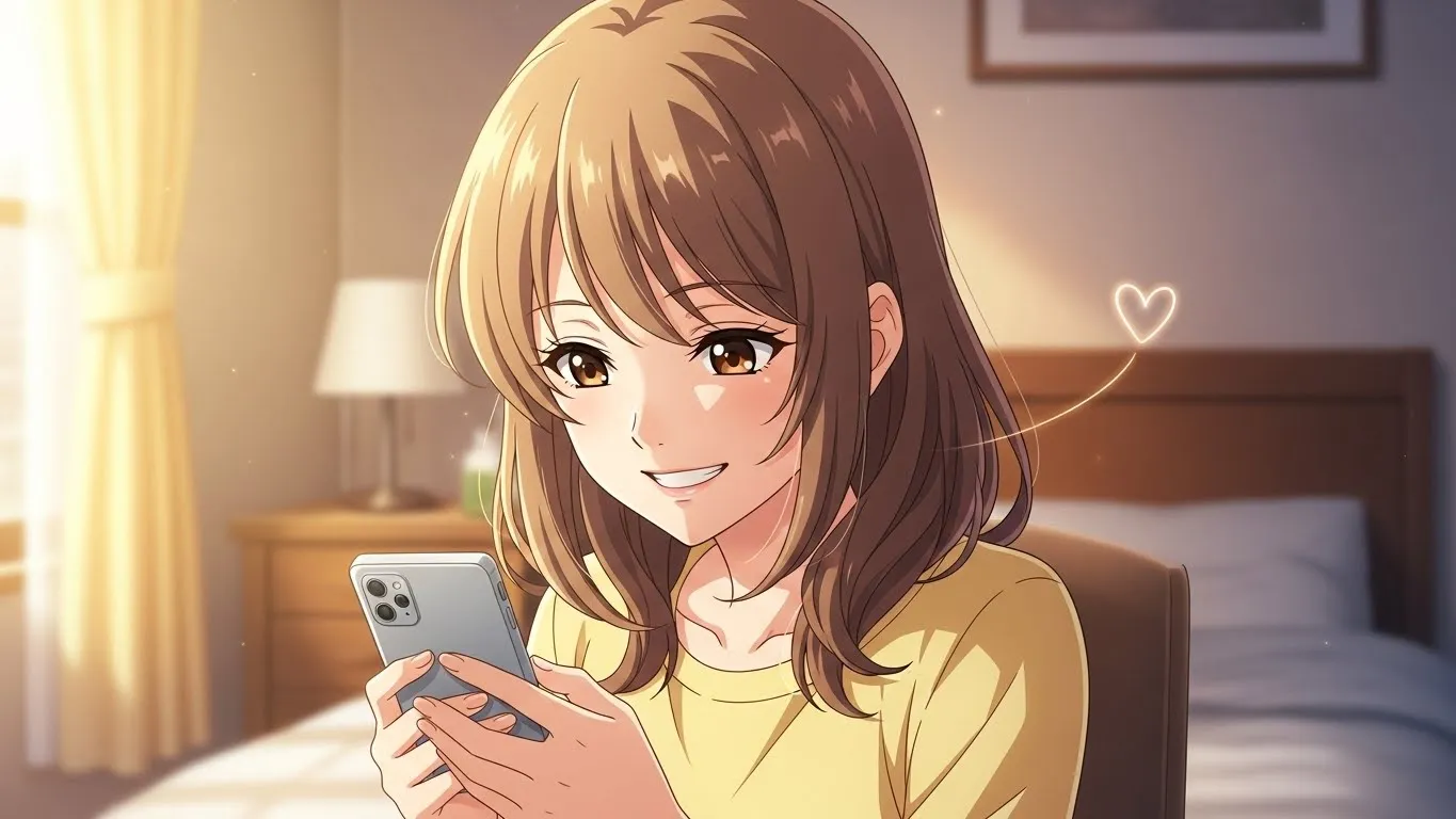 スマートフォンのメッセージを見て微笑む女性のアニメイラスト。手ハート絵文字🫶を使った脈ありサインを確認している場面。