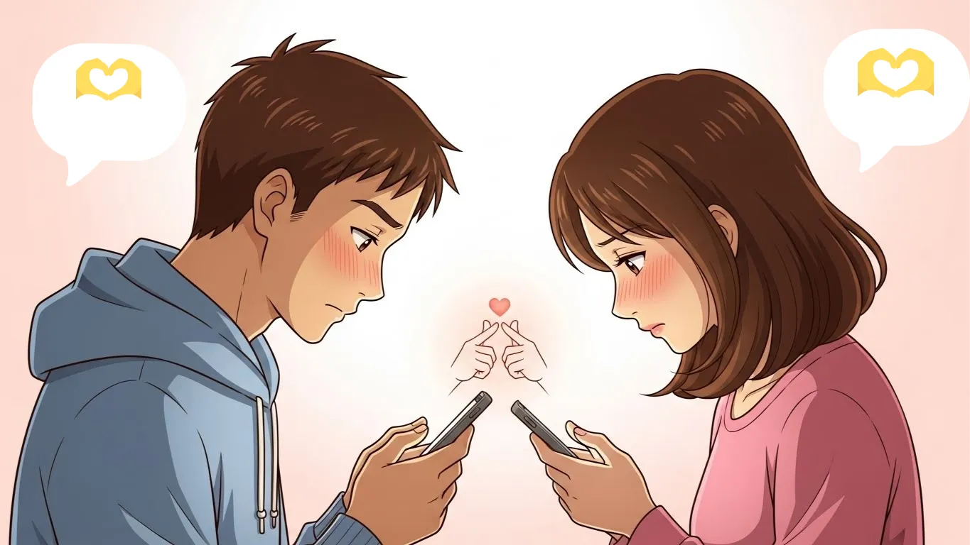 スマートフォンを手にする男女が向かい合うアニメイラスト。🫶の手ハート絵文字に隠された脈ありサインを表現。