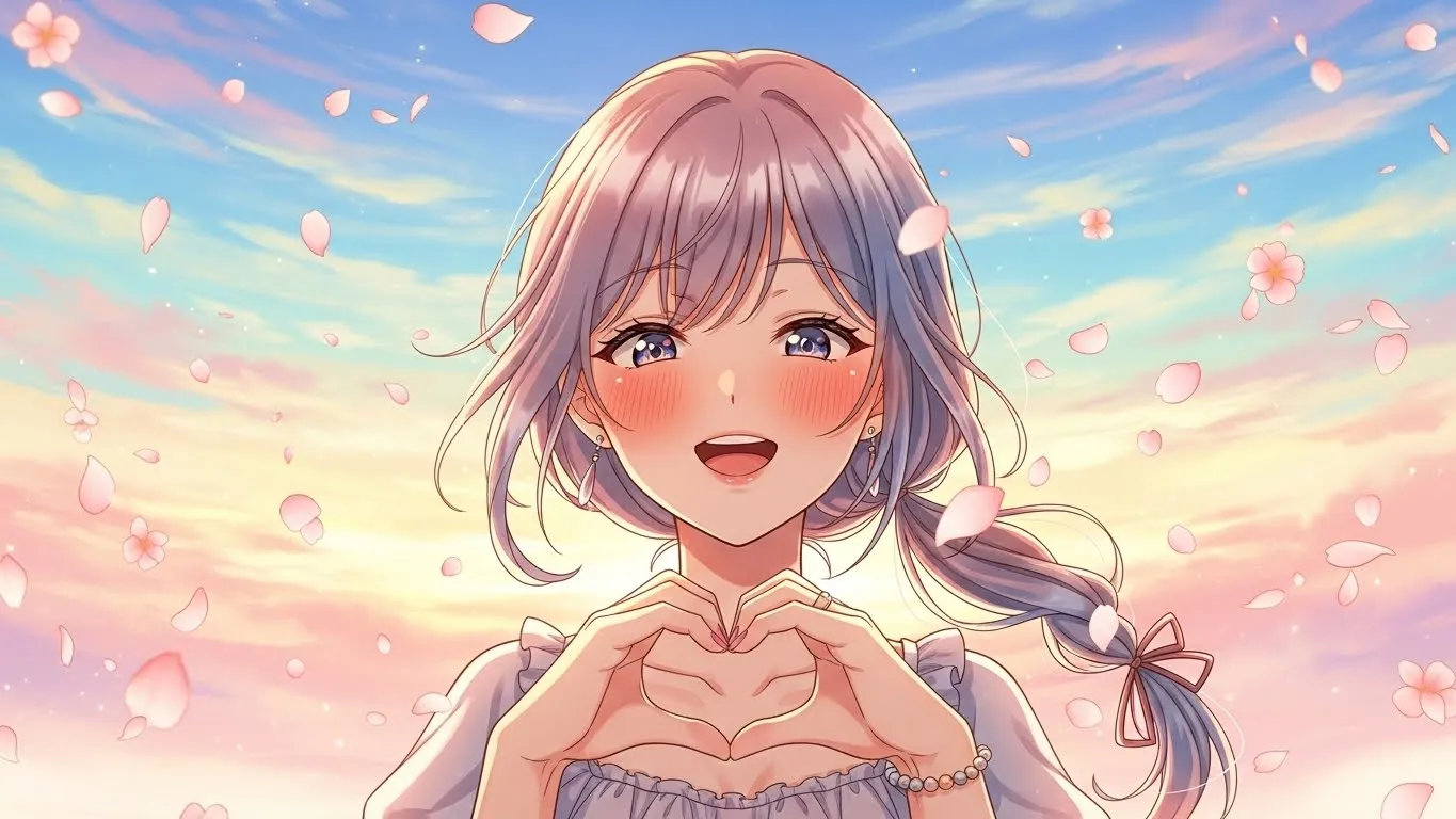 夕暮れの空の下、桜の花びらが舞う中で🫶手ハート絵文字のポーズをする女性のアニメイラスト。脈あり女性のサインと恋のときめきを描写。