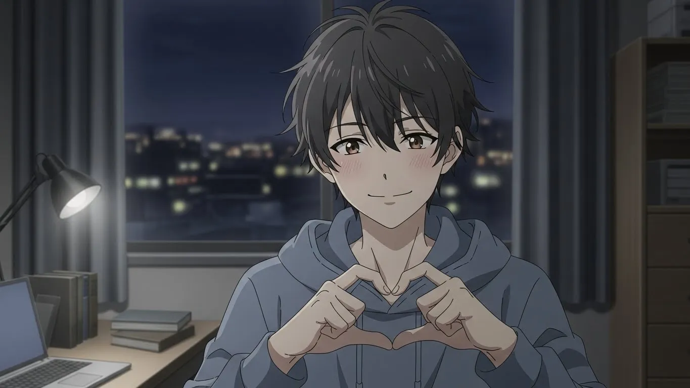 夜の部屋で優しく微笑みながら🫶の手ハートを作る男性のアニメイラスト。脈あり男性の心理や恋愛サインを表現。