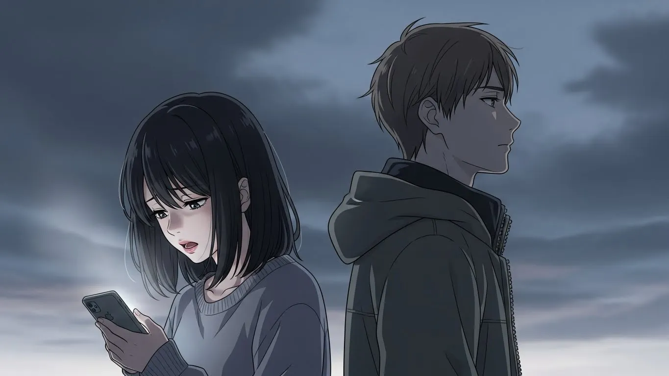 スマートフォンを見つめて切ない表情を浮かべる女性と、背を向ける男性のアニメイラスト。🫶手ハート絵文字の脈なしサインや期待しすぎに注意する場面を描写。