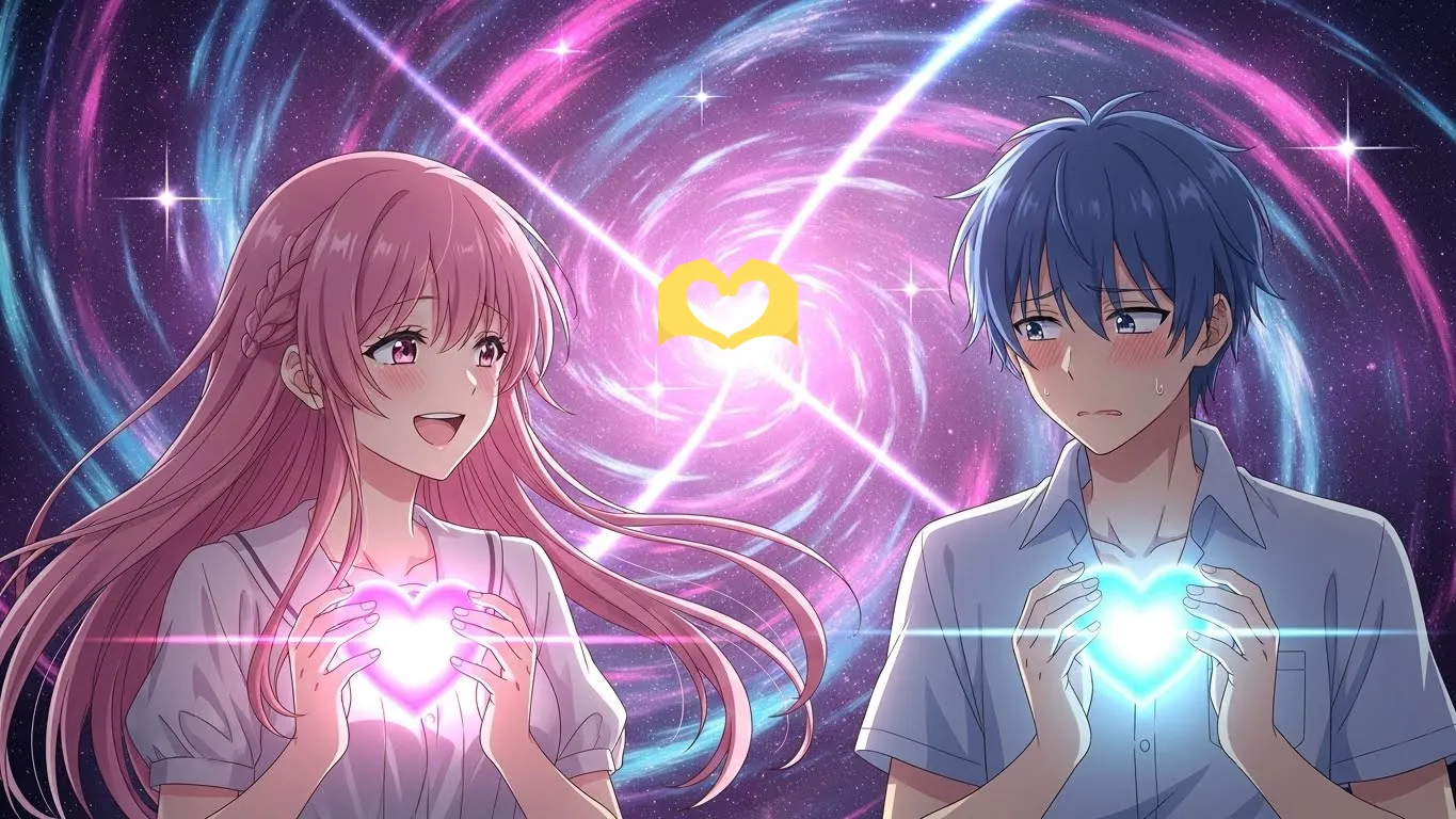 ピンクと青のハートを手に持つ男女のアニメイラスト。🫶🏻💞と🫶🏻💗の違いを象徴する恋愛心理的なビジュアル。