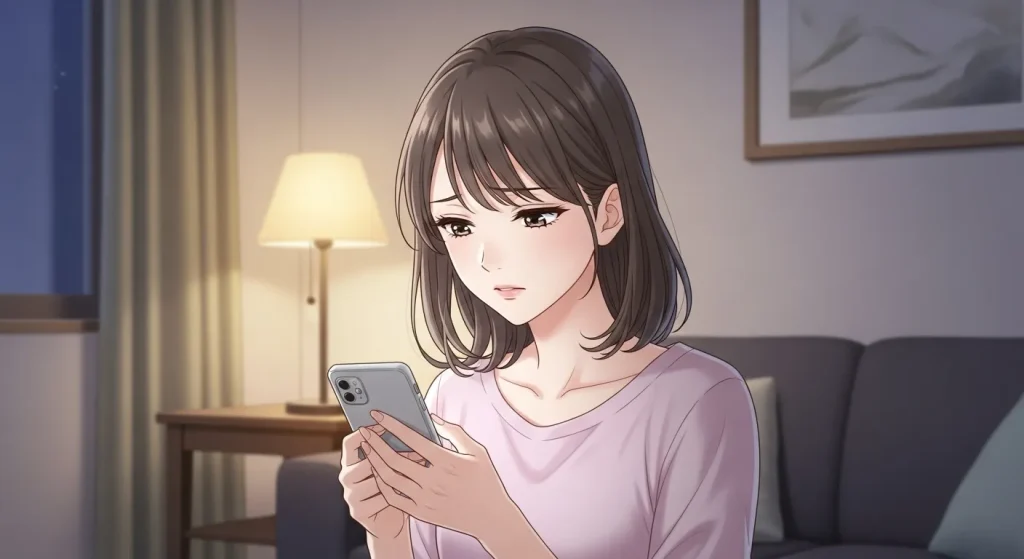 距離を置いて3週間の男性心理のよくある質問を確認する女性のイラスト