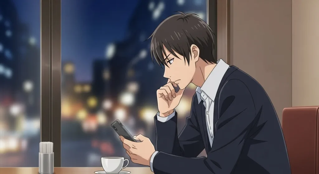 わざと会わない男性がスマホを見ながら相手の反応を考えている心理イメージのアニメイラスト