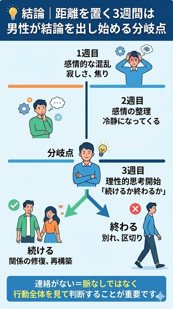 "距離を置く3週間の男性心理の変化と分岐点を示した図解イラスト