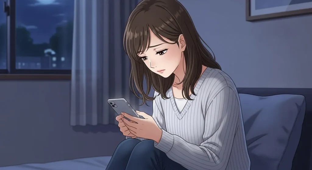 距離を置いて3ヶ月連絡なしで不安になりスマホを見つめる女性のアニメイラスト