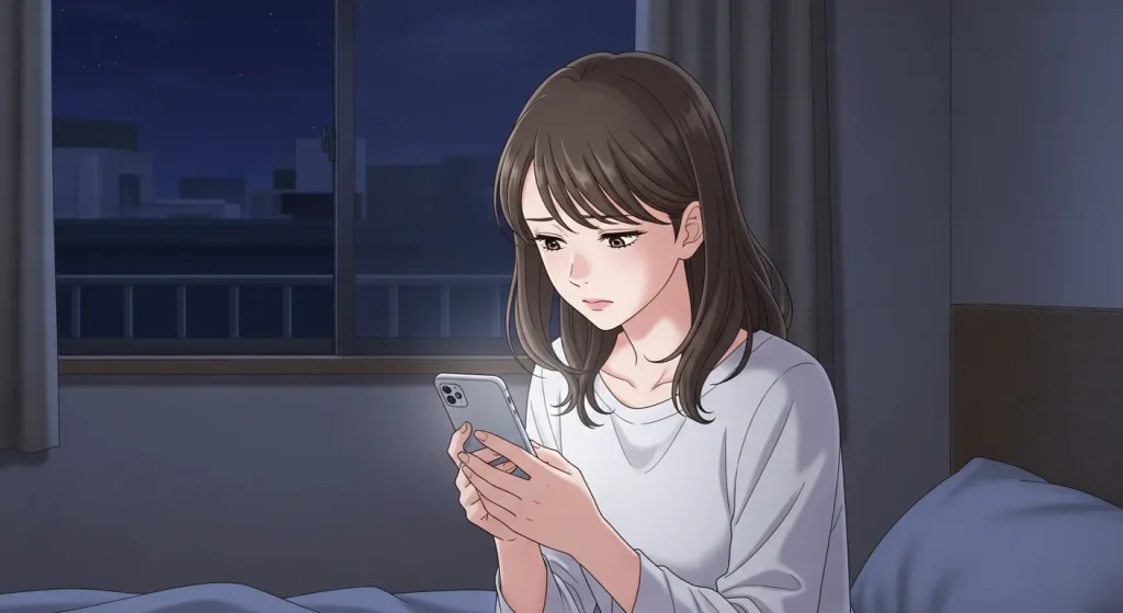 距離を置いて3週間連絡がない彼の気持ちを不安に思いスマホを見る女性のイラスト