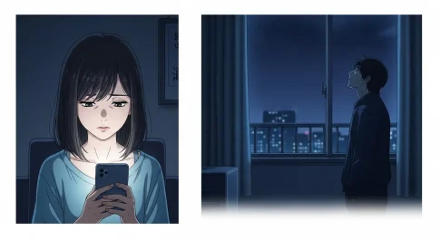 距離を置く3週間男性心理に悩みスマホを見つめる女性のアニメイラスト