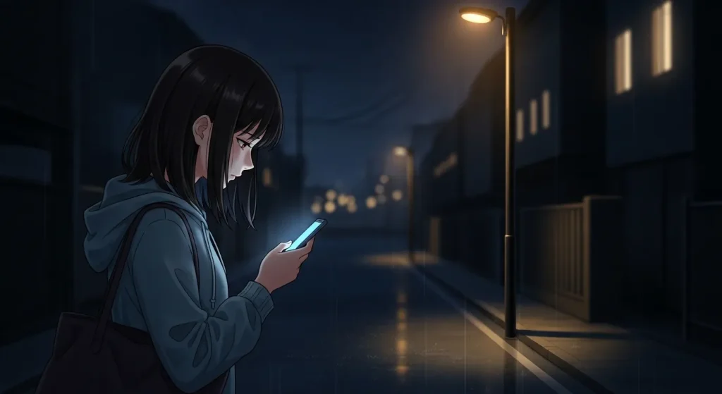 1週間既読無視されて見切るべきか悩みながら夜道でスマホを見る女性のイラスト