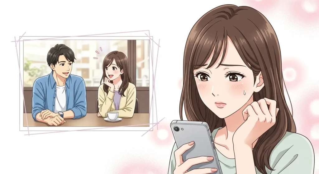 1週間既読無視でも脈ありか悩みながら過去の楽しい時間を思い出す女性のイラスト
