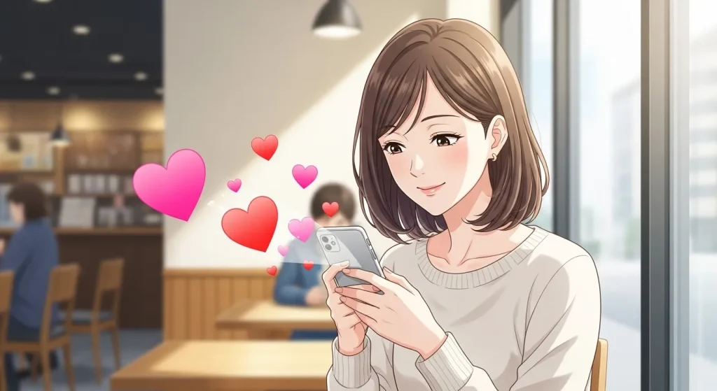 カフェでスマートフォンを見ながらLINEでハートマーク付きメッセージを送る女性のアニメイラスト