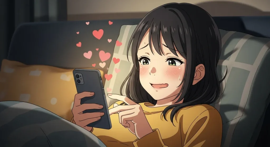 LINEでハートマークを送りながら照れる女性の心理イメージ