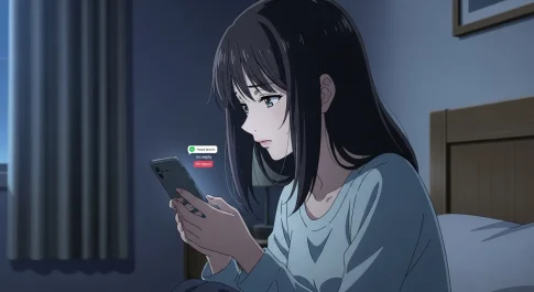 いい感じだったのに急に既読無視されて不安そうにスマートフォンを見る女性のアニメイラスト