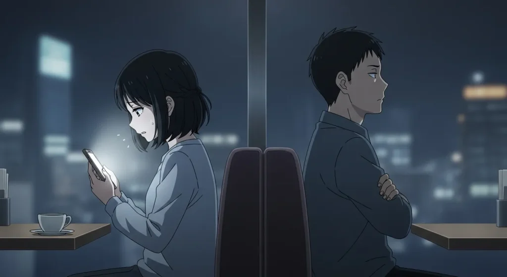 付き合う前に返信が遅い男性とのすれ違いや脈なしの可能性を表現した距離のある男女のイラスト