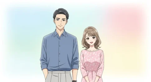 柔らかい雰囲気の男女が並んで立っている癒し系のアニメイラスト