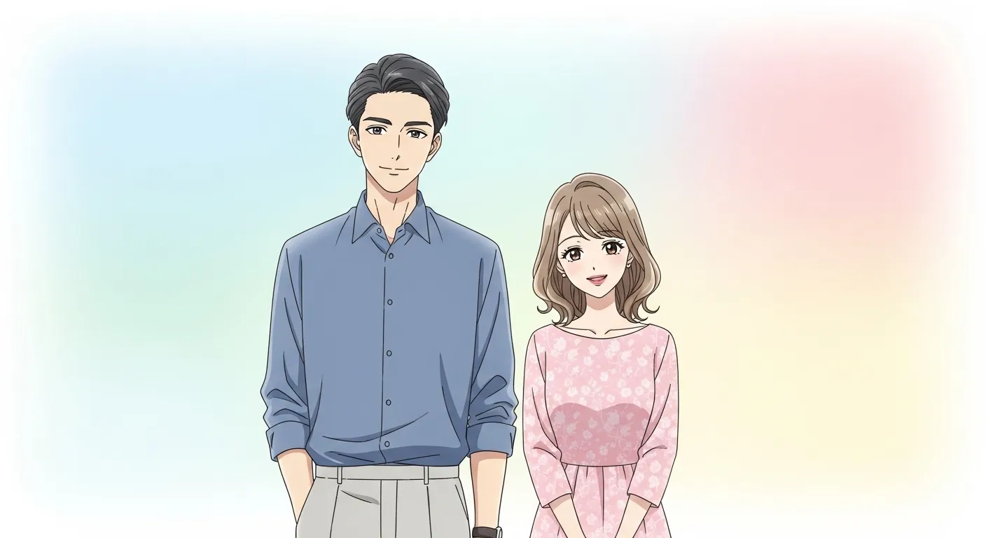 柔らかい雰囲気の男女が並んで立っている癒し系のアニメイラスト