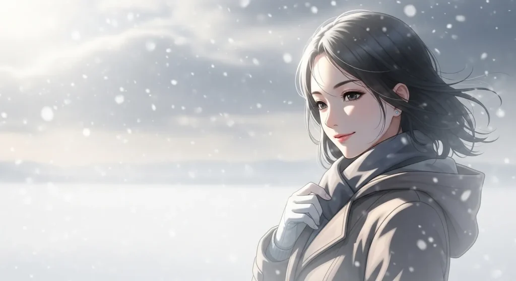 秋田の寒い気候と色白の関係をイメージした雪の中の女性のアニメイラスト