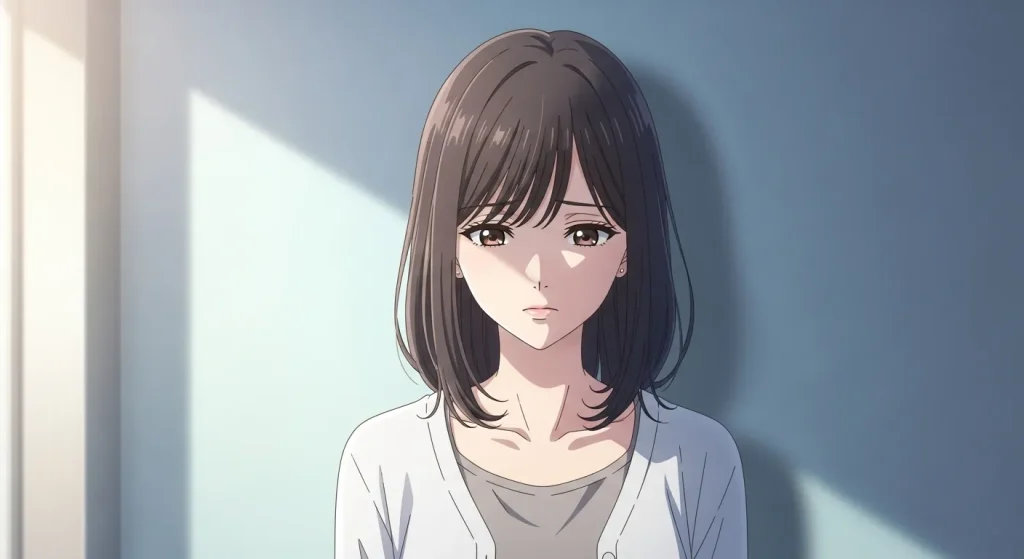 不安そうな表情で一人で考え込んでいる女性のアニメイラスト