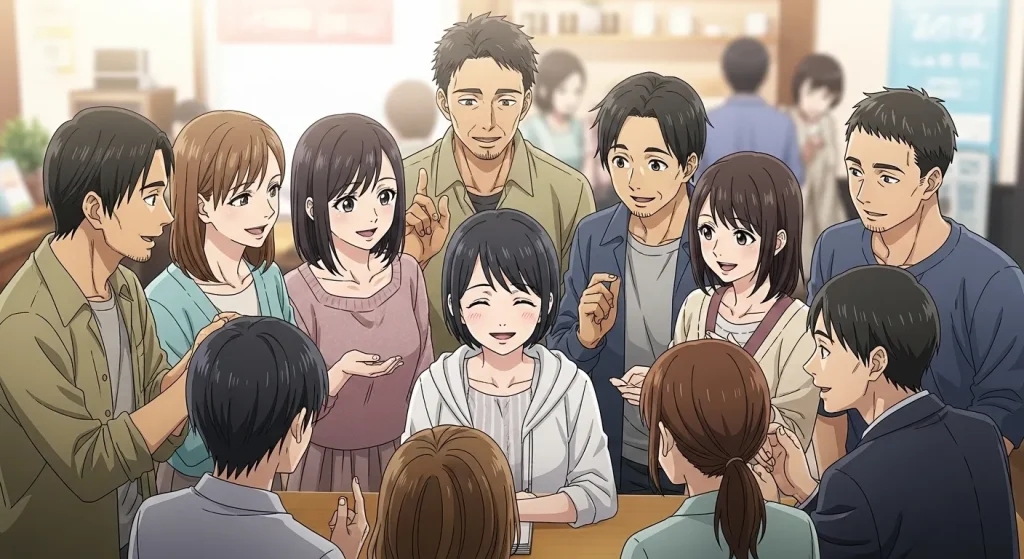 ふわふわした雰囲気の女性が周囲の人に囲まれて笑顔で会話している様子のアニメイラスト