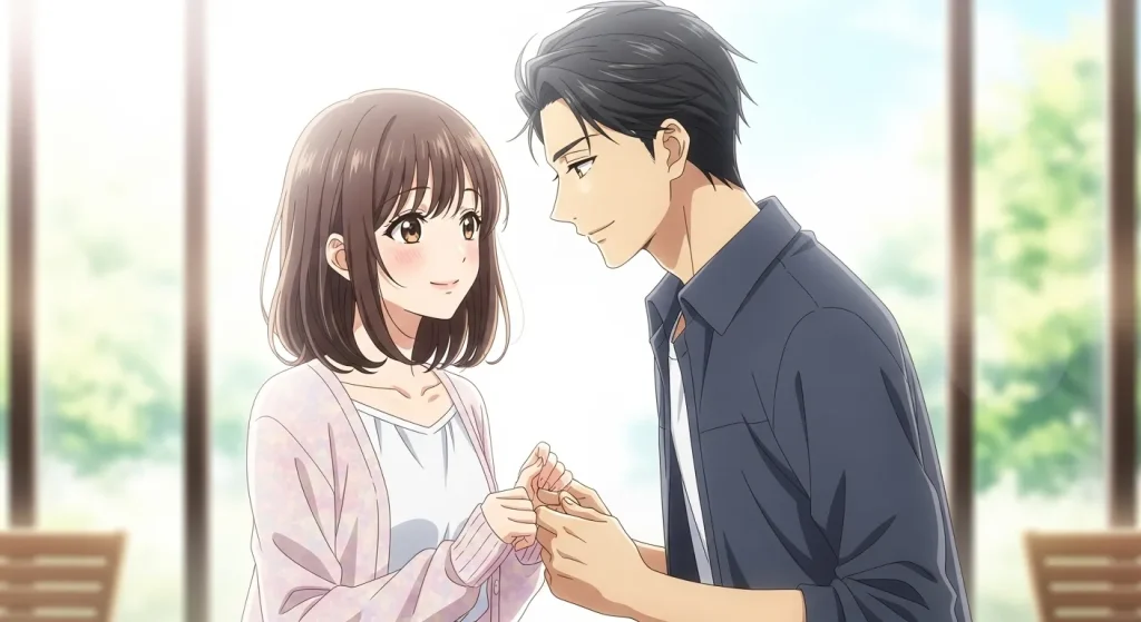 お互いに見つめ合いながら優しく会話する男女の恋愛シーンのアニメイラスト