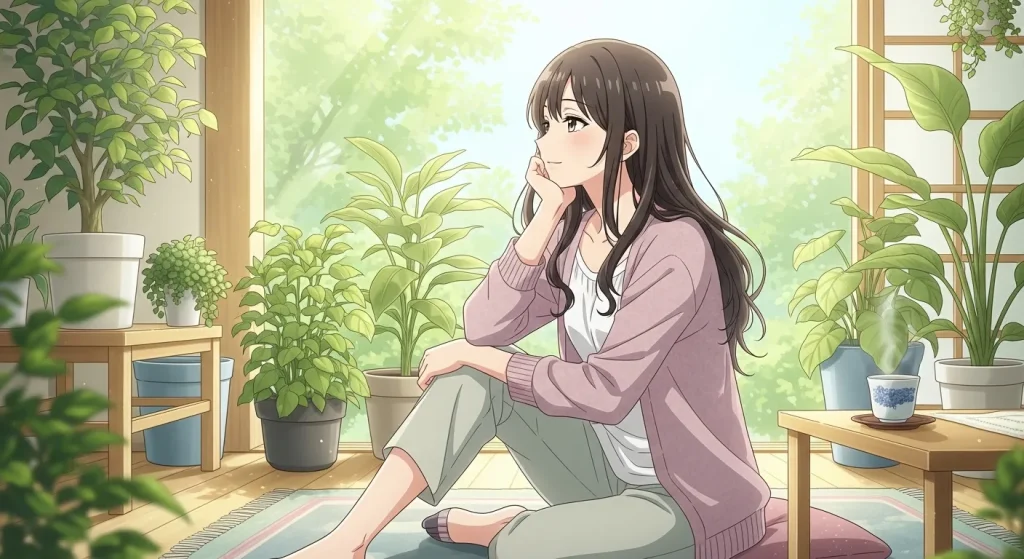 観葉植物に囲まれた部屋でリラックスして過ごす穏やかな女性のアニメイラスト