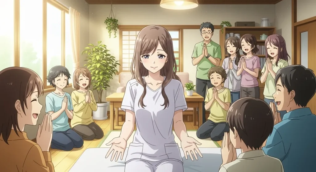 ふわふわしてる人が周囲に癒しや安心感を与えている様子のイラスト