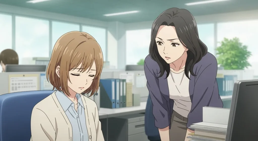 ふわふわしてる人に対して戸惑いや疑問を感じて質問する女性のイラスト（悪気があるのか考える場面）