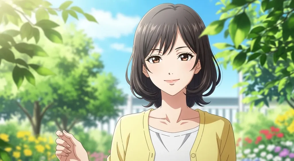 自然の中で穏やかに微笑む優しい雰囲気の女性のアニメイラスト