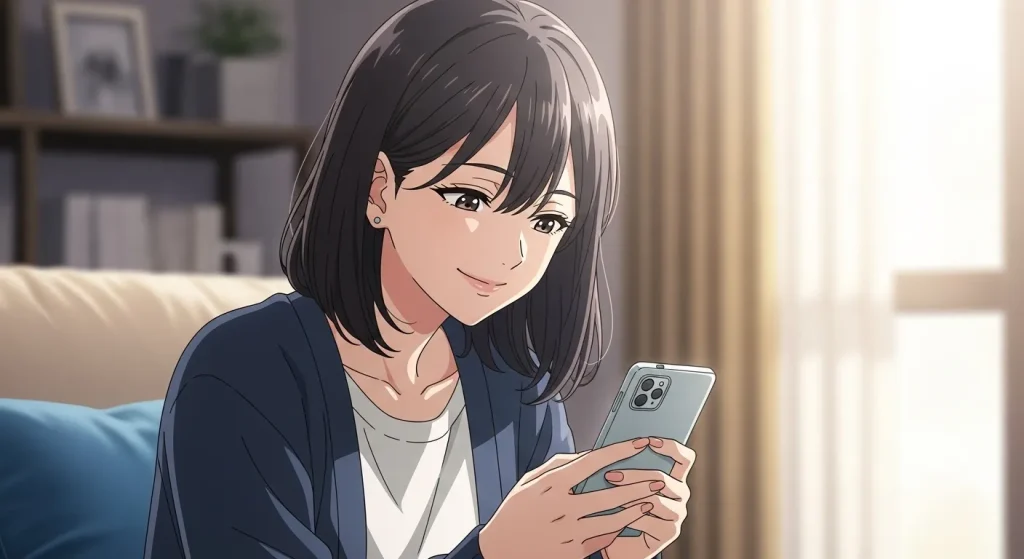 付き合う前に返信が遅い男性の心理を理解して安心した女性がスマホを見るイラスト