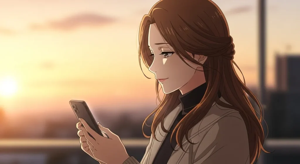 夕焼けの中でスマホを見ながら安心した表情を浮かべる女性が返信のタイミングに納得しているイラスト