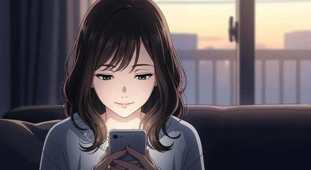 返信が遅い男性心理を理解して安心した表情でスマホを見る女性のイラスト