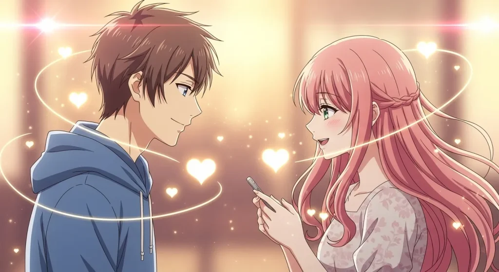 ハートに囲まれてメッセージをやり取りする男女の恋愛イメージのアニメイラスト