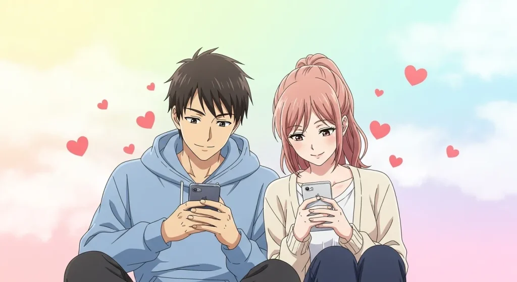 男女がスマートフォンでハートマークのメッセージをやり取りする様子のアニメイラスト