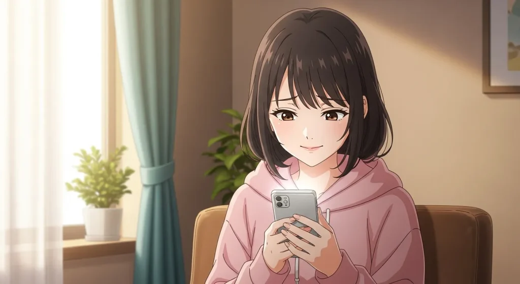 好きな人からの既読無視に少し安心した表情でスマホを見る女性のイメージ