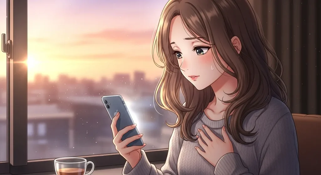 既読無視の悩みが少し整理され前向きな気持ちになった女性のアニメイラスト