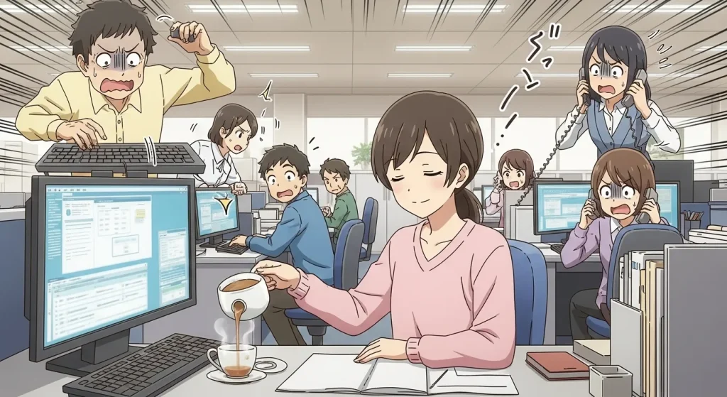 職場でふわふわしてる人のマイペースな行動に周囲がイライラしている様子のイラスト