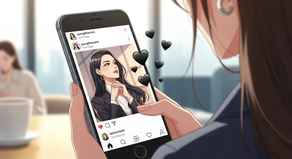 インスタで黒いハート🖤が使われる投稿を見る女性のスマホ画面