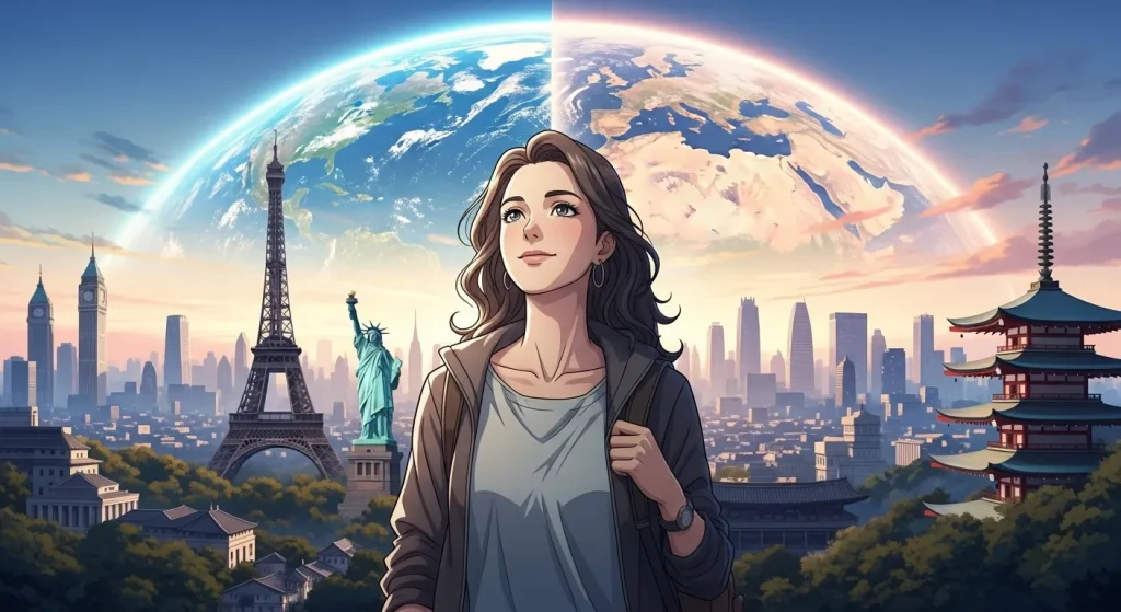 ドライな人の文化的背景と海外との違いを表す世界を見渡す女性のイメージ
