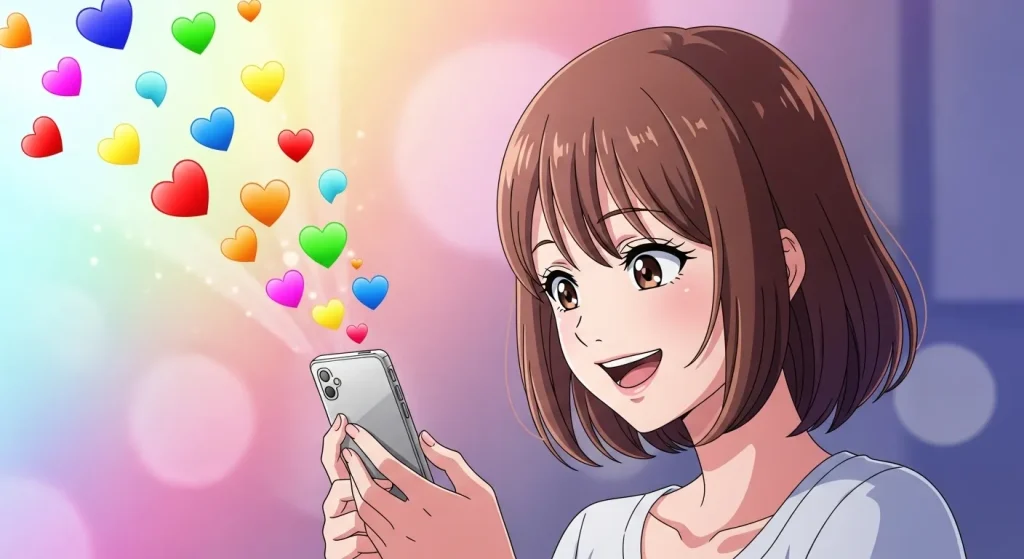 スマートフォンからカラフルなハートが広がる様子を見て喜ぶ女性のアニメイラスト