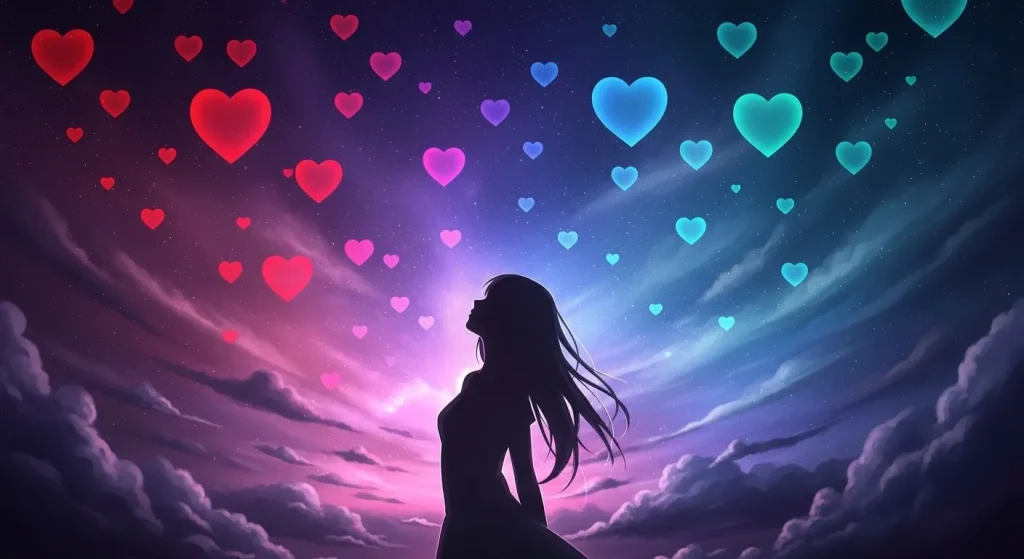 色とりどりのハートが広がる幻想的な空間（ハートの色による女性心理の違いを表現）