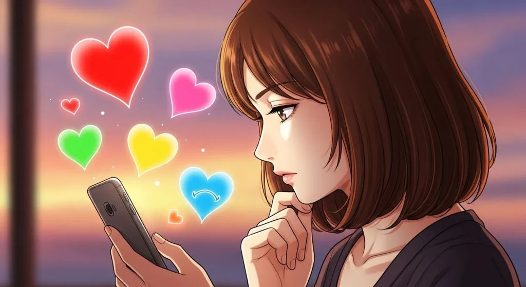 スマホを見ながらハートの色の意味を考える女性とカラフルなハートのイラスト