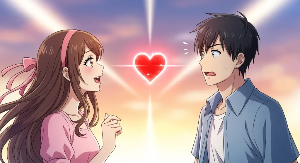 赤いハートを前に向かい合う男女のイラストと恋愛の意味を表すシーン