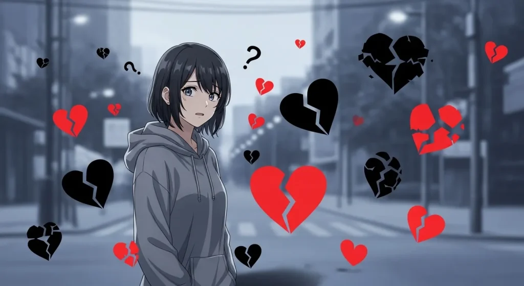黒や赤の割れたハートに囲まれて悩む女性と誤解を表すイラスト