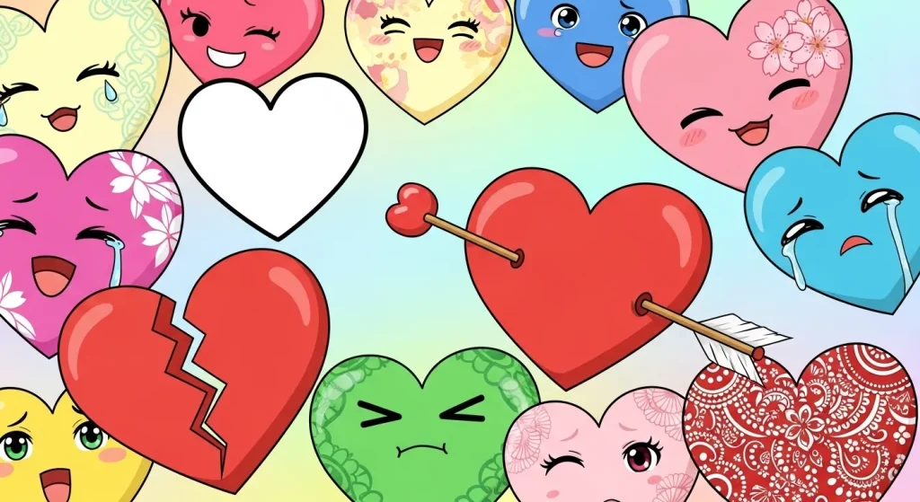 割れたハートや矢のハートなどさまざまな形と色のハートのイラスト