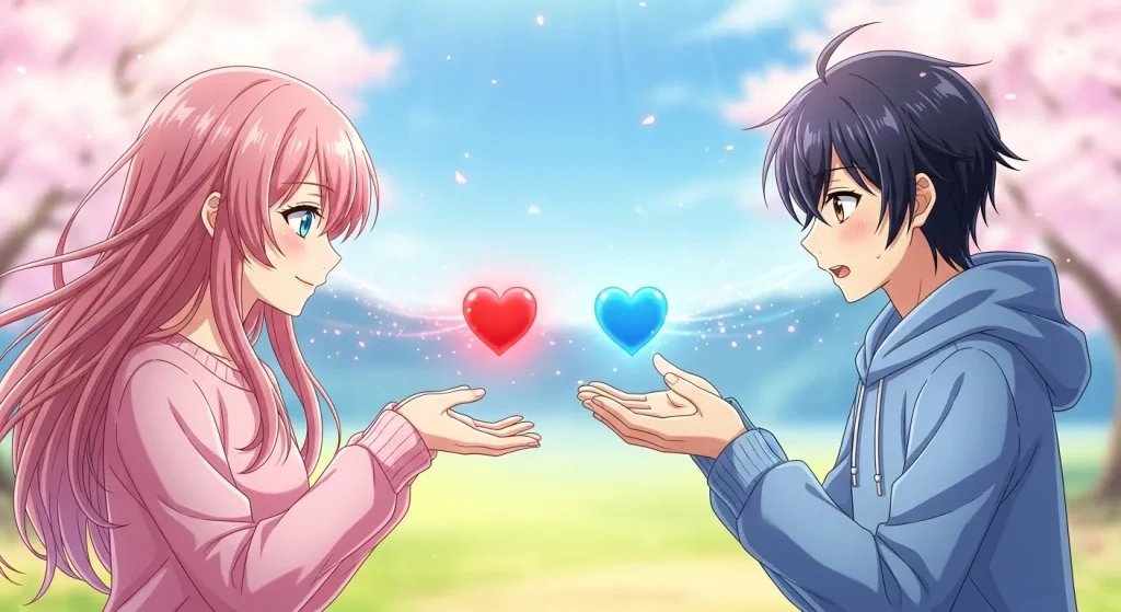 赤と青のハートを手に持つ男女のイラストと色による意味の違い