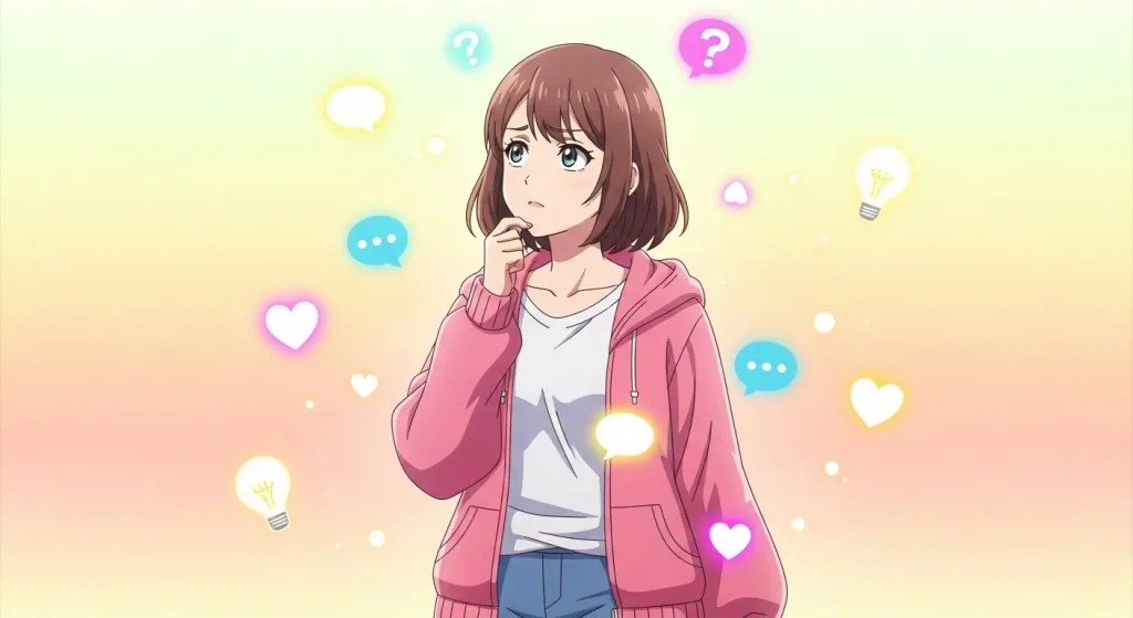 ハートの色の意味に迷う女性と疑問を表す吹き出しのイラスト