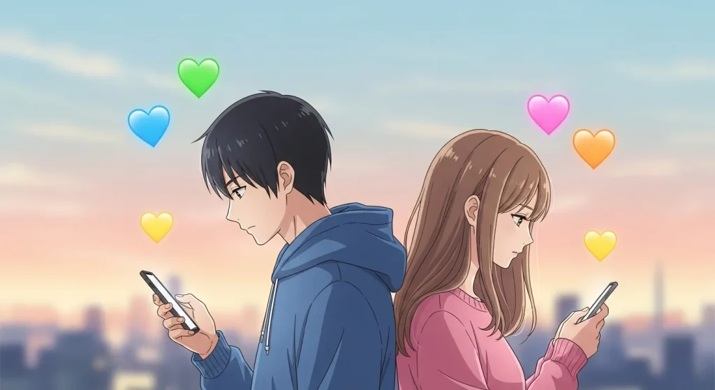 スマホを見ながらすれ違う男女とハートの色による心理の違いを表すイラスト